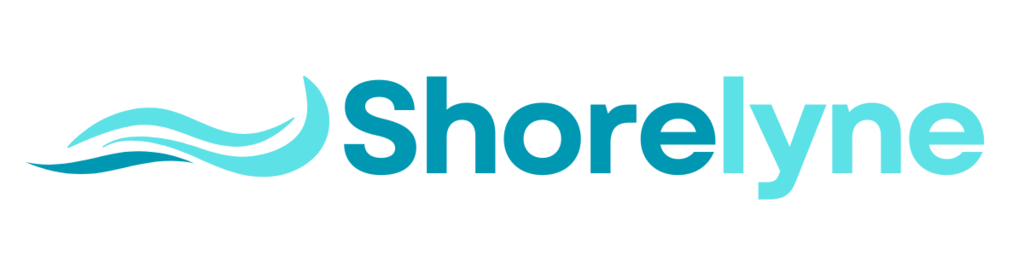 Logo with the word Shorelyne in bold text. Shore is in dark blue while lyne is in light blue. To the left, three wavy lines of varying shades of blue mimic ocean waves, evoking a Fraser Coast ambiance. The background is white, reflecting a coastal theme perfect for an affordable housing provider.